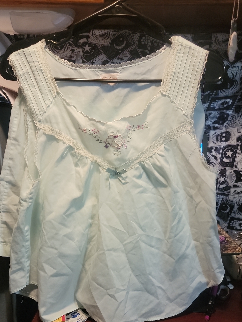 Vtg 60s 70s Barbizon Babydoll Pajama Set Medium Mint Blue Embroidered 2pc TLC